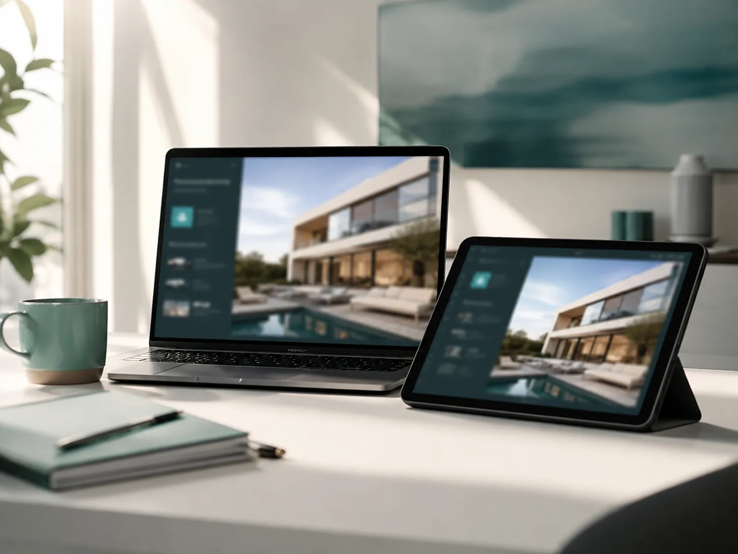A property listing displayed on a laptop and tablet side by side